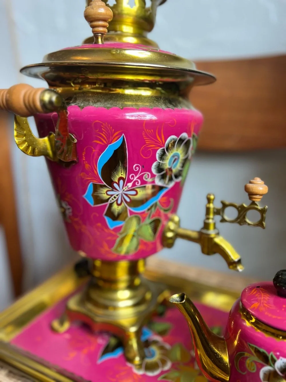 Vintage Soviet Samovar Tea Set 1991 Pink Floral Enamel Brass USSR Kitsch Decor